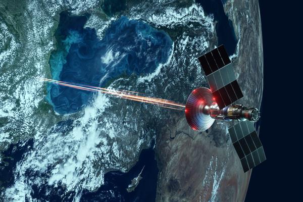 ماهواره نظامی فضایی سلاحی در فضا با لیزر به دیواره زمین شلیک می کند حمله فناوری جنگ فضایی ترکیبی فضای کپی تصویر مبله شده توسط ناسا