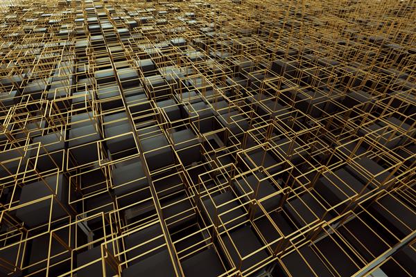 دیوار طلایی تیره انتزاعی مکعب طراحی گرافیکی مدرن رندر سه بعدی تصویر سه بعدی فضای کپی
