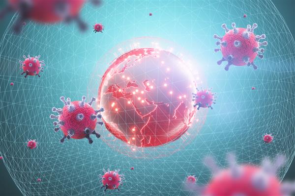 ذرات ویروس کرونا در برابر دیواره زمین مفهوم قرنطینه بیماری همه گیر واکسن کرونا بحران رندر سه بعدی تصویر سه بعدی فضای کپی