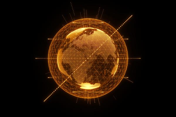 هولوگرام طلایی و نارنجی سیاره زمین از نقاط جدا شده روی دیوار سیاه رنگ ساخته شده است جهانی شدن شبکه اینترنت سریع فضای کپی رندر سه بعدی تصاویر سه بعدی