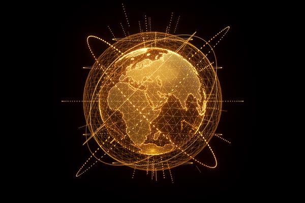 هولوگرام طلایی و نارنجی سیاره زمین از نقاط جدا شده روی دیوار سیاه رنگ ساخته شده است جهانی شدن شبکه اینترنت سریع فضای کپی رندر سه بعدی تصاویر سه بعدی