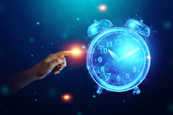 مفهوم مدیریت زمان تصویر هولوگرام ساعت زنگ دار فضای کپی