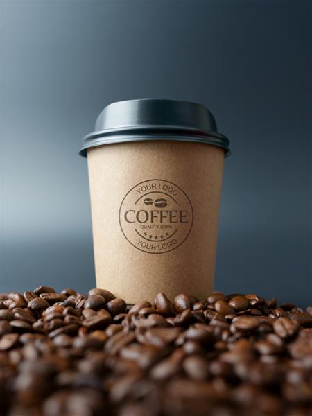 ماکت فنجان قهوه کاغذی روی دانه های قهوه
