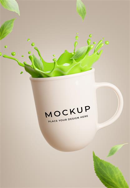 ماکت رندر سه بعدی چای سبز روی لیوان با اسپلش
