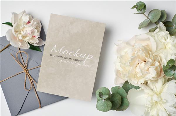 ماکت کارت تبریک یا دعوت عروسی با پاکت نامه و گل صد تومانی سفید