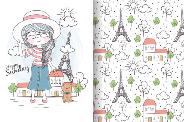 دختر ناز با سگ در تتغطیلات الگوی بدون درز پاریس