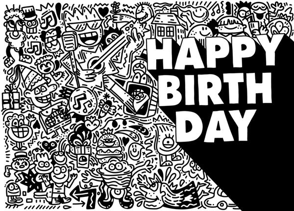 طرح تولدت مبارک با شکلک با کلاه تولد و متن برای مهمانی و جشن به سبک دودل