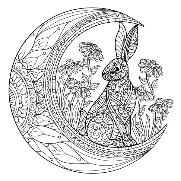 خرگوش روی ماه تصویر طراحی دستی برای کتاب رنگ آمیزی بزرگسالان