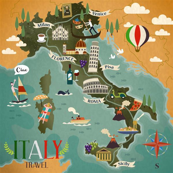 نقشه سفری رنگارنگ ایتالیا با نمادهای جاذبه های توریستی