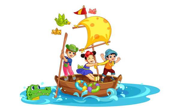 سه بچه در حال تفریح ​​در قایق تصویر زیبا