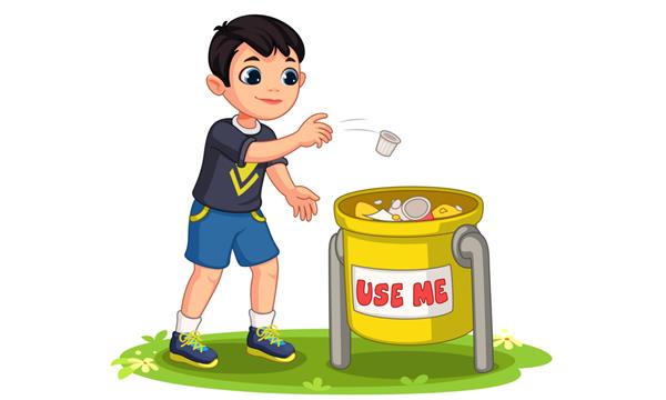 تصویر پسر کوچک در حال پرتاب زباله در سطل زباله