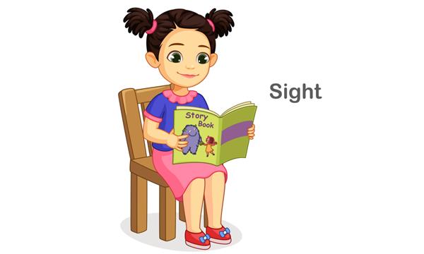 دختر بچه ای در حال خواندن کتابی که حس بینایی را نشان می دهد
