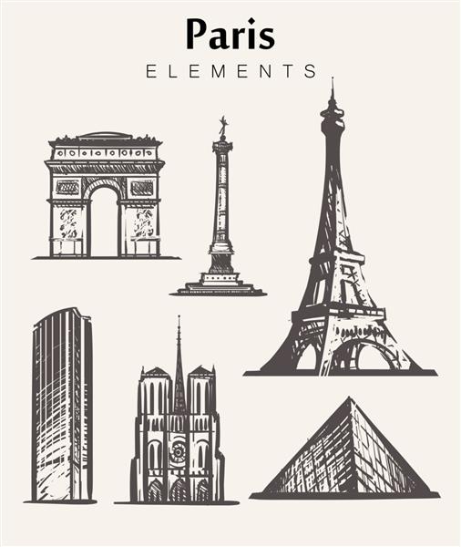 مجموعه ای از ساختمان های پاریس که با دست طراحی شده اند تصویر طرح عناصر پاریس طاق پیروزی برج ایفل نوتردام مکان د لا باستیل برج مونپارناس