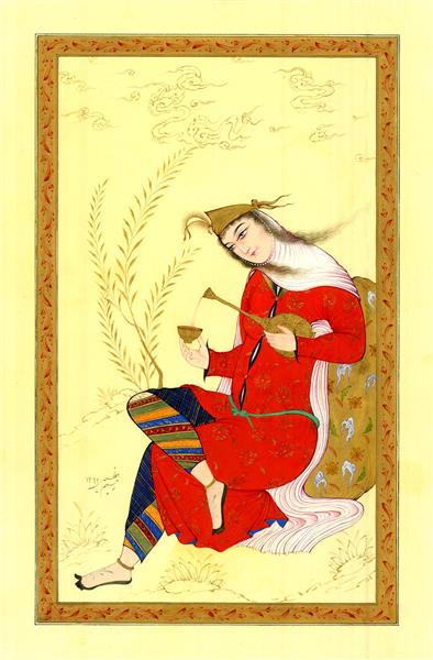 بانوی نشسته تک فیگور مکتبی نقاشی مینیاتور زیبا اثر رحیم عظیمی