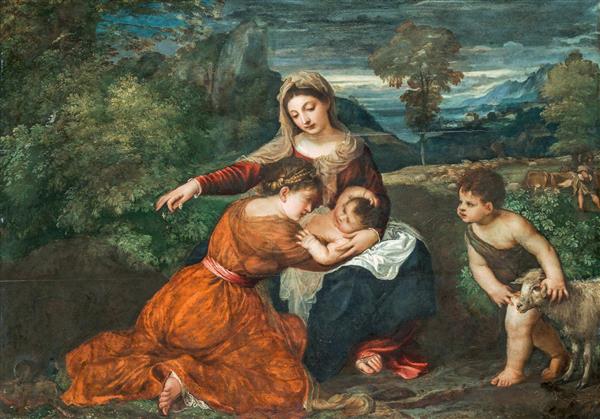 نقاشی مدونا و کودک با یک قدیس زن و قدیس کودک جان باپتیست تیزیانو وچلیو اثر تیتیان	