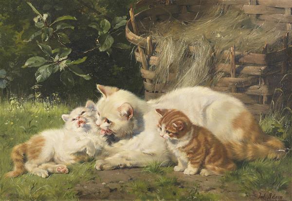 نقاشی مامان گربه و دو بچه اش اثر جولیوس آدام