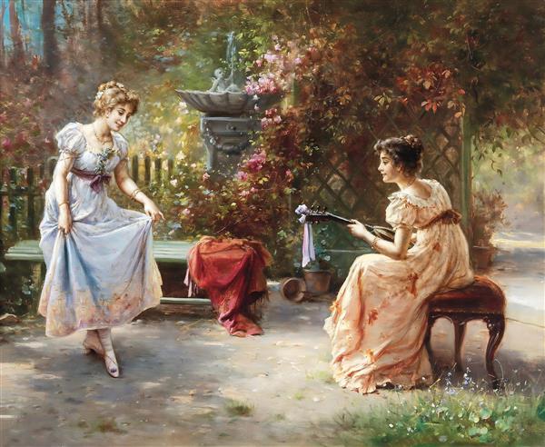 طرح نقاشی رمانتیک بانوان در حال نوازندگی لوت کنار فواره برای چاپ روی بوم، پرده تصویری و پوستر دیواری اتاق خواب