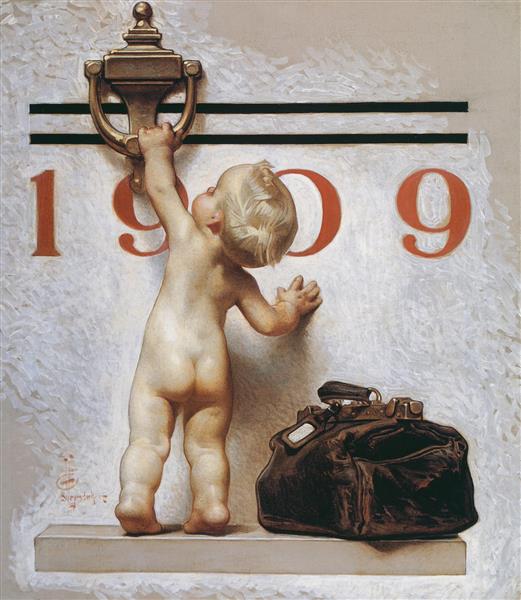 نقاشی چمدان نوزاد سال نو اثر جوزف کریستین لیندکر	