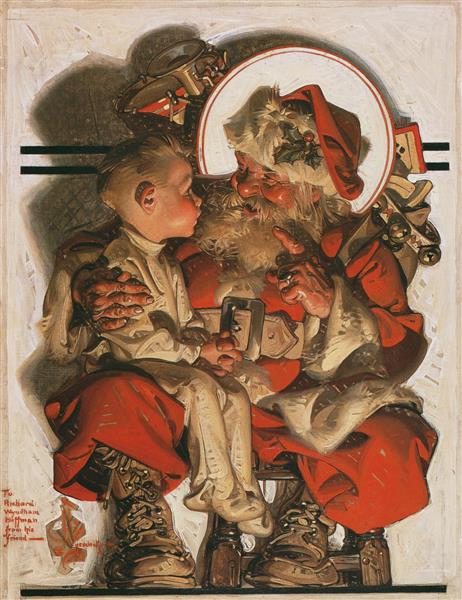 پسری در شب کریسمس بر روی زانوی بابا نوئل نقاشی اثر جوزف کریستین لیندکر	