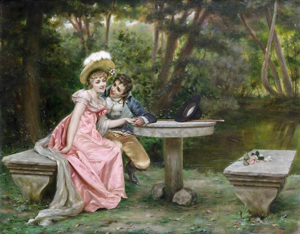 تصویر نقاشی قدیمی پیک نیک عاشقانه کنار برکه برای پوستر دیواری لوکس و روتختی دونفره بزرگسال