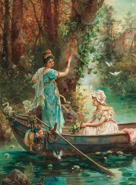 نقاشی کلاسیک بانوان در قایق گاندولا در ونیز مناسب برای قاب دکوراتیو و دکوراسیون کلاسیک پذیرایی