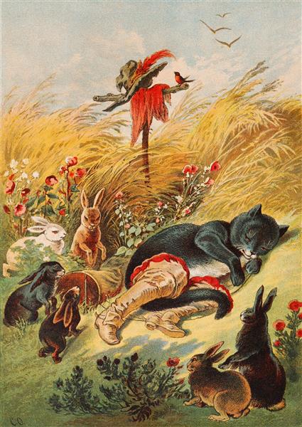 نقاشی گربه ای که چکمه پوشیده و سعی دارد خرگوشی را شکار کند اثر کارل آفاردینگر 