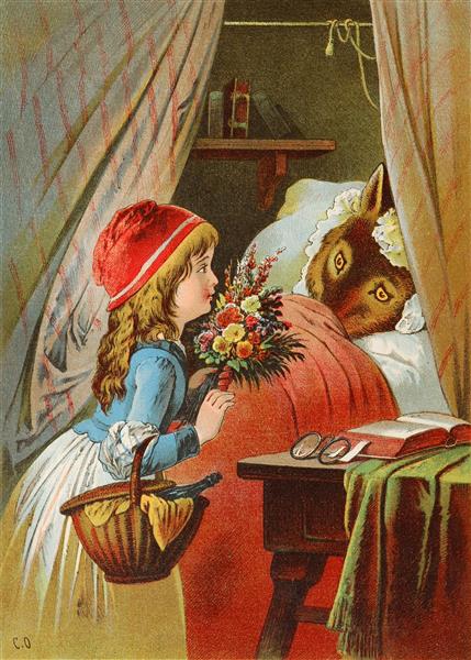 شنل قرمزی و گرگی که به مادربزرگ تبدیل می شود نقاشی اثر کارل افردینگر