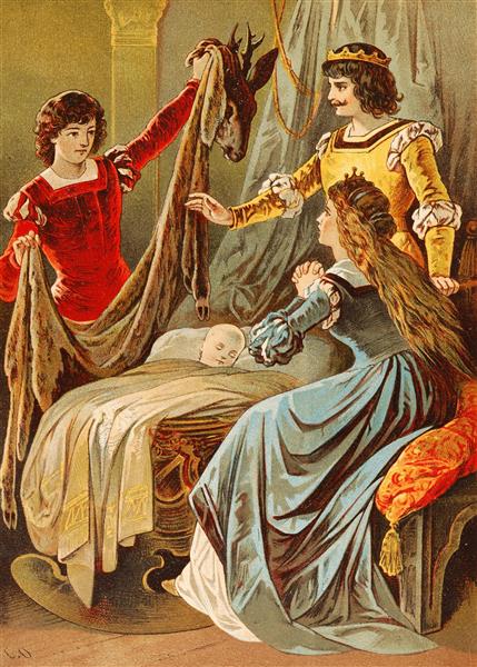 پادشاه و خواهرزاده با برادر و گوزن که به ظاهر اصلی خود باز می گردند نقاشی اثر کارل افردینگر 