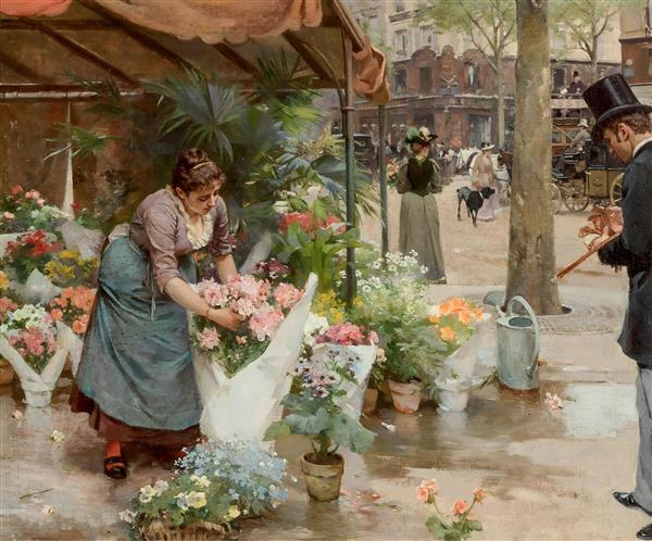نقاشی بازار گل پاریس در قرن نوزدهم ایده آل برای پوستر دیواری گل فروشی، کافه و آشپزخانه