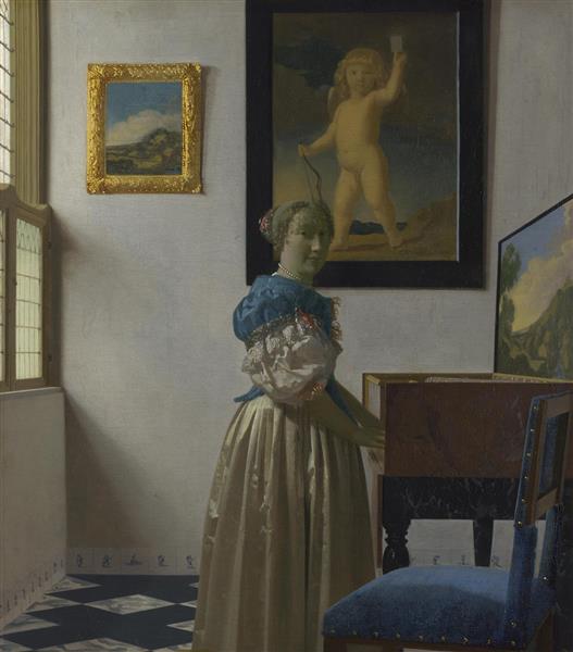 زنی که جلوی ویرژینال ایستاده نقاشی اثر یوهانس ورمیر	