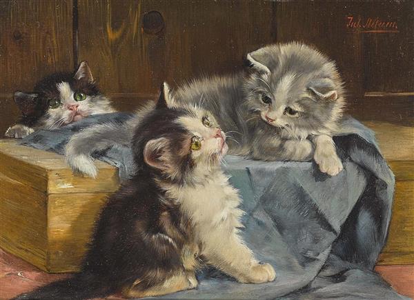 نقاشی سه بچه گربه روی یک پتوی آبی اثر جولیوس آدام