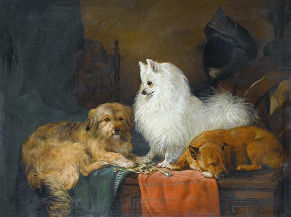 نقاشی یک ولپینو ایتالیایی و سگ های دیگر در فضای داخلی اثر جان چارلتون
