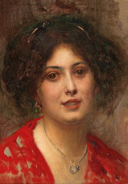 نقاشی پرتره یک زن جوان با لباس قرمز اثر ادوارد ویت