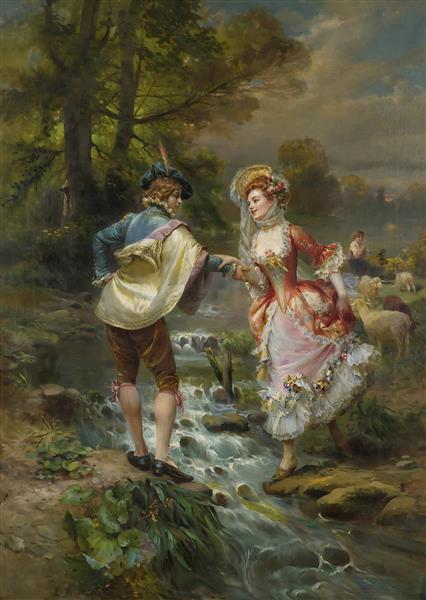 پوستر دیواری رمانتیک چوپان و معشوقه کنار رودخانه برای دکوراسیون روستیک، ویلا و اتاق خواب