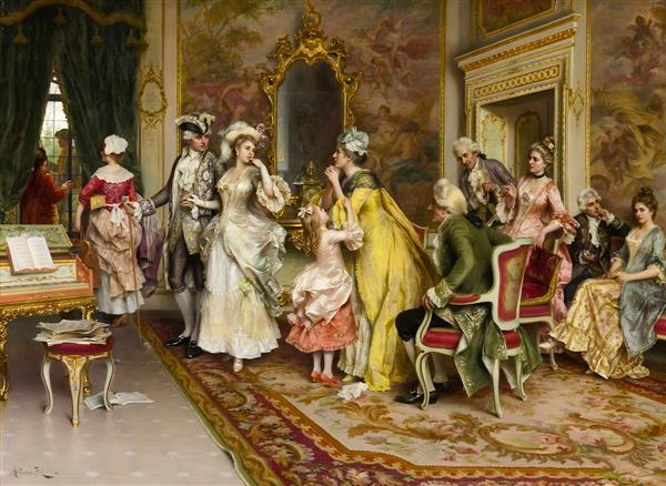 نقاشی هنری معاشرت بزرگان در عمارت مجلل برای پوستر دیواری کلاسیک اتاق کار، دفتر مدیریت و تابلو دکوراتیو