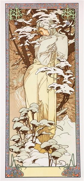 نقاشی مد زمستانی چهار فصل اثر آلفونس موشا	