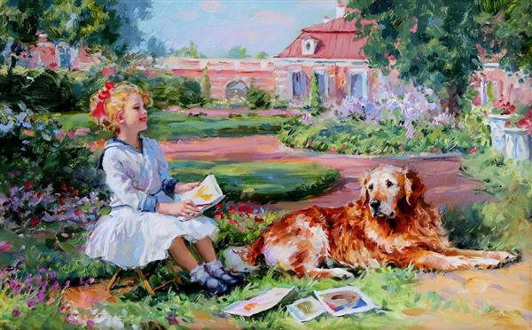 نقاشی دختر کوچک و سگی که بهترین دوستان هم هستند اثر کنستانتین رازوموف