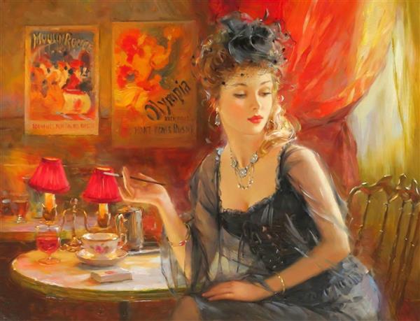 نقاشی خانم شیک پوش سیگار به دست اثر کنستانتین رازوموف	