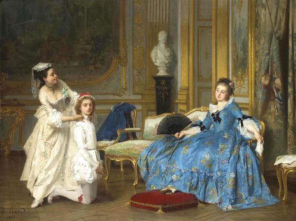 مادام د لامبال در حال خواندن برای ماری آنتوانت و دخترش ماری ترز شارلوت نقاشی اثر جوزف کاراد	