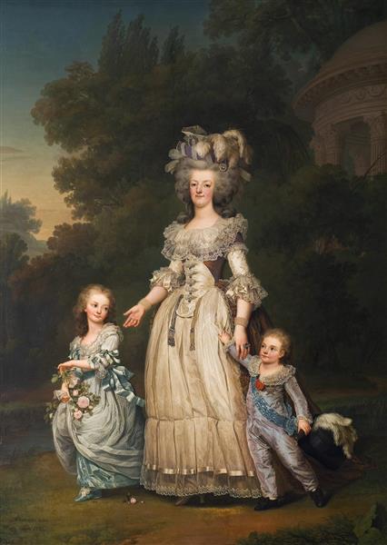 نقاشی ماری آنتوانت ملکه فرانسه در حال قدم زدن در باغ های تریانون با دو فرزندش اثر آدولف اولریش ورتمولر	