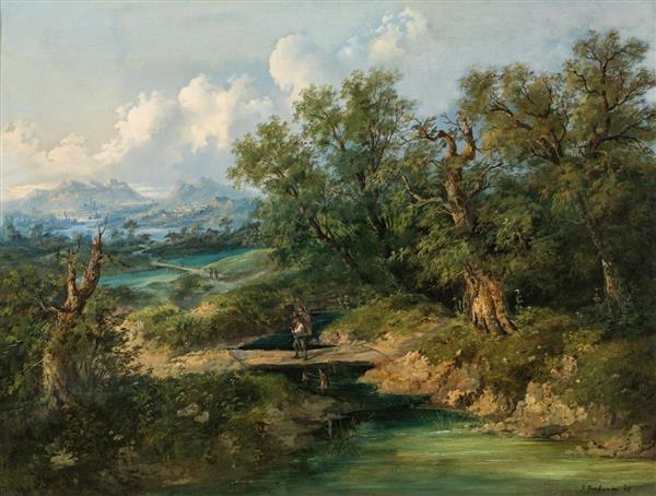 منظره کوهستان از روستای کنار رودخانه اثر فرانز باربارینی نقاشی 