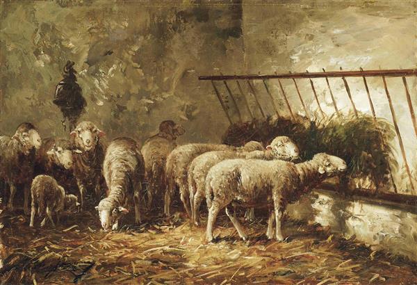 نقاشی گوسفندان در آغل اثر چارلز امیل ژاک