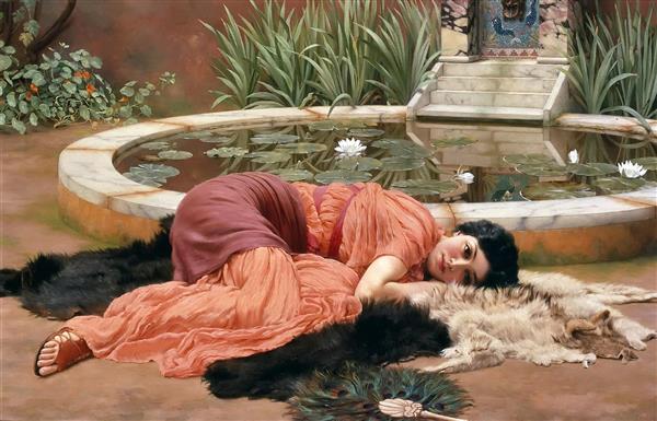نقاشی زیبای شیرین بدون انجام کاری کنار حوض اثر جان ویلیام گادوارد	