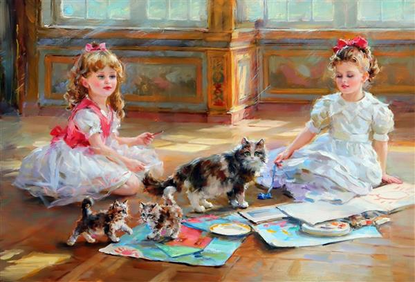نقاشی دو دختر کوچک در حال بازی روی زمین اثر کنستانتین رازوموف