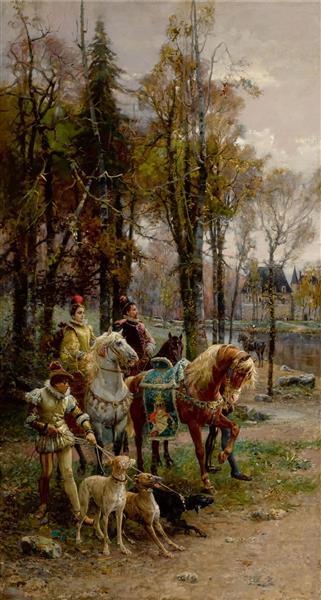 نقاشی یک لرد نجیب زاده و بانوی سوار بر اسب اثر سزار آگوست دتی	