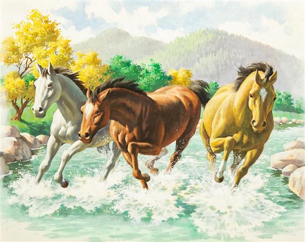 اسب هایی که در نهر آب می دوند نقاشی اثر آرتور سارون سارنوف 