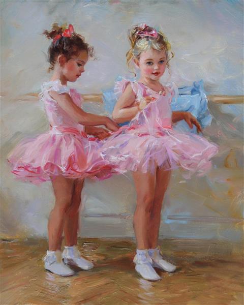 نقاشی دو دختر کوچک در حال آماده شدن برای درس باله اثر کنستانتین رازوموف