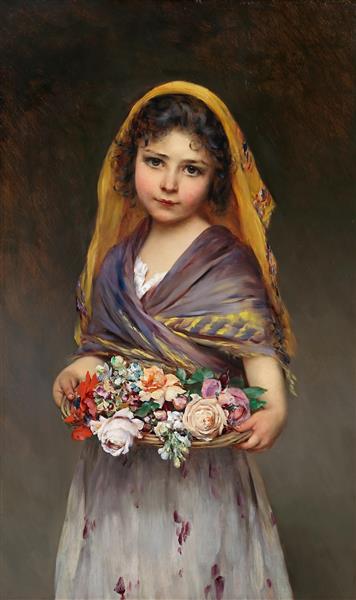 نقاشی دختر کوچک با یک سبد گل اثر یوجین دبلاس