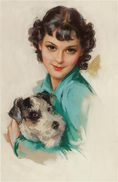 نقاشی تصویر زن جوان با سگش کلندر اثر ژول اربیت