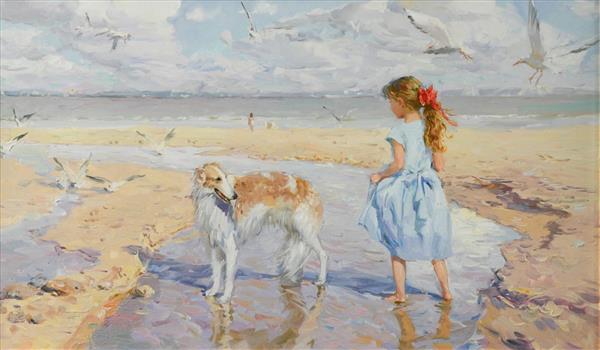 دختر و سگ برزویی در ساحل اثر کنستانتین رازوموف نقاشی 